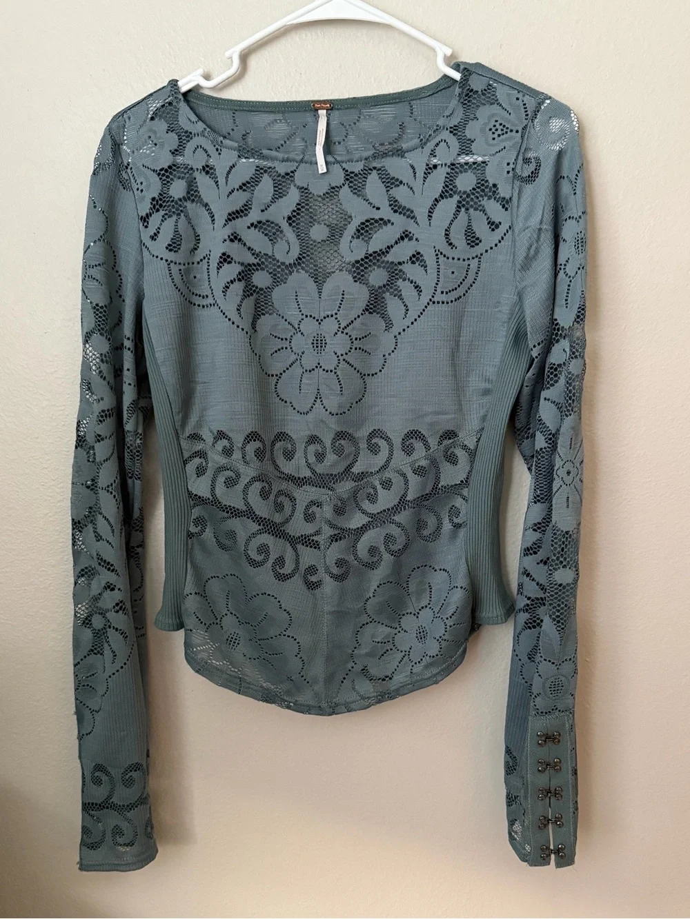 Free People Wild Roses Mesh Long Sleeve Top Blue Floral Y2K Fairycore Boho M